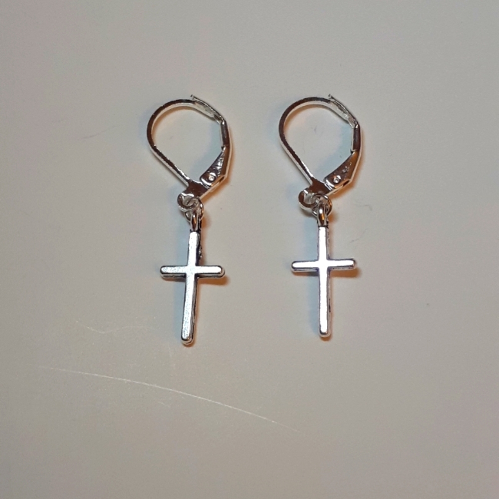Cross Huggies Hoop earrings Silver plated leverback Dainty Charm Handmade
